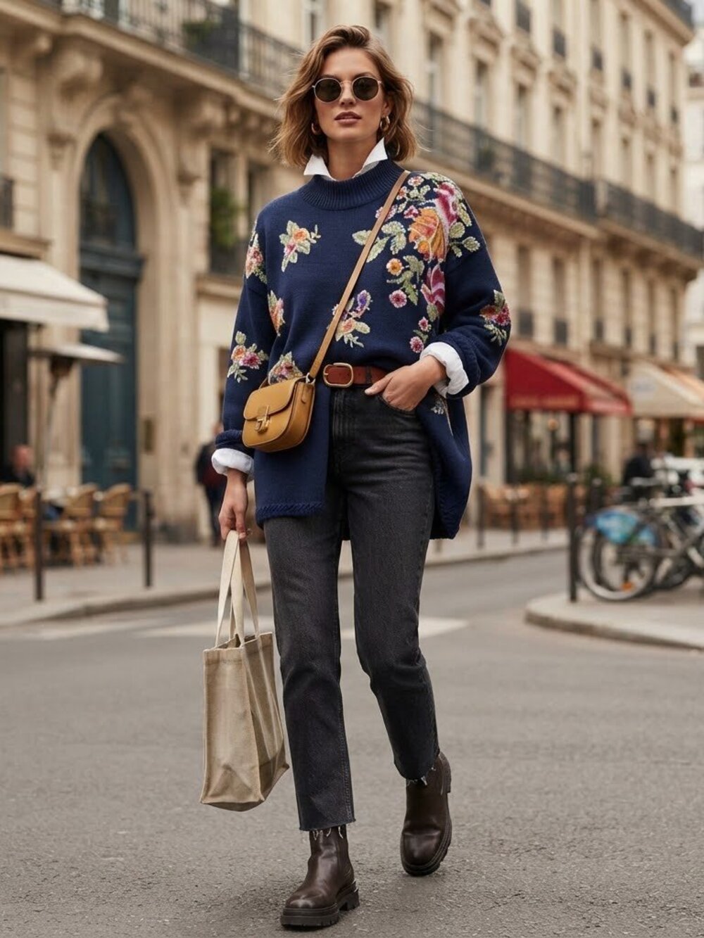 Vintage Marisa Cristina Floral Embroidered Mock Neck Sweater Navy Blue Medium